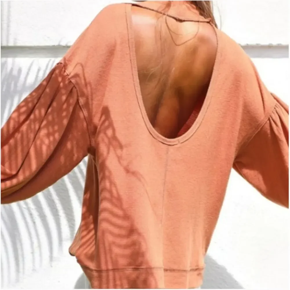 Free People Winnie Top Mock Neck Cutout Back Tan Oversized Balloon Sleeve‎ S